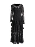 Fashion Sexy Style Dress Woman 2025 Spring New Round Lace Long-Sleeved Skirt Perspective Senior Long