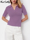 Summer Knitted Polo T shirts Women 2023 Purple Short Sleeve Sweater Elegant Tees Slim Tshirts For Women Sweater