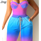 Women Fashion Ombre Colorblock Sexy Corset Cami Crop Top Wide Legs Contrast Pipping Pants Set Gradient Long Trousers Two