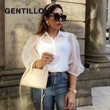 Women Fashion Long Sleeve Polka Dot Shirts Sexy Perspective Mesh Blouses Female Casual Cropped Gothic Shirts