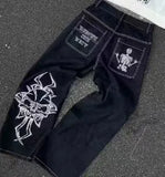 Explosive High Street Tide Brand Fully Embroidered Skull Casual Trousers Men's Loose Straight Casual