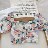 Fashion Women Floral Print Drawstring Blouses Shirt Women Short Sleeve French Vintage Bandage Lace Tops Female