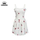 Straps White Dress Cherry Embroidery Sleeveless Casual Fashion Self Cultivation Sexy Short Skirt Plus Size Ladies