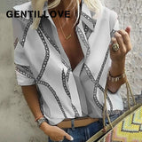 Elegant Long Sleeve Chain Print Blouse Casual Turn-down Collar Work Tops Oversized Office Lady Shirt Oversized