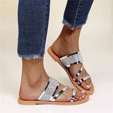 Large-Size Water Drill Flat-Bottomed Toe Slippers Women Wear Metal Texture Beach Cool Slippers