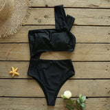 Solid Black Swimwear Women Swimsuit 2021 One Shoulder Swimming Suit Hollow Out Bathing Suits High Waist