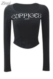 Collar Crop Top Letter Long Sleeve Tees High Waist Slim Bottoming Women Chic Y2k Sexy Camisetas Fishbone Korean