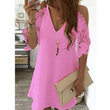 Sexy V Neck Spaghetti Straps Hollow Out Women's Dress 2021 Fashion Solid Lace Pachwork Loose Ladies Mini Dress Plue