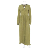 Women Boho Beach Maxi Dress Button Up Deep V Neck Full Sleeve Long Dress Fairy Grunge French Romance Holiday