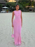 Solid Knot O Neck Knitted Long Dresses Women Sexy Sleeveless Slim Fit Maxi Dress Female Party Beachwear Casual