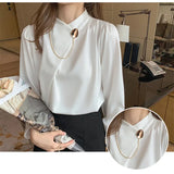 Women's Shirts Solid Satin Blouses for Women Chain Asymmetric Blouse Women Long Sleeve Top White O-neck Female 2023 Basic