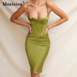High Quality Satin Spaghetti Strap Bodycon Dress For Women Summer Sleeveless Backless Double Layer Party Club