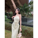 Zingj Drawn Rope Hanging Neck Sweet Sleeveless Bow Top High Waist Slit Skirt