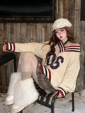 Brown V-neck Letter Print Oversize Sweater- Outfit