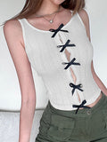 Sweet White Skinny Women Tops Vest Sleeveless Lace Spliced Split Y2K Cute Bow Summer Crop Top Coquette