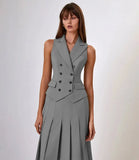Buttoned Vest And Pleated Midi Skirt Two Piece Set- Outfit