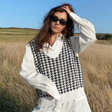 V-neck Sweaters Women Sleeveless Print Casual Y2K Loose England Style Patchwork Knit Autumn Winter Tank Tops