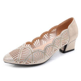 Rhinestone Pointed Toe Gauze Pumps Cut Outs Women Shoes Genuine Leather Comfortable High Heels Shoes Big Size