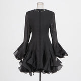 French Elegant Wind Collar Splicing Lotus Edge Mid-Sleeve Dress 2025 New Horn Sleeve Long Dress