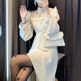 Lace Vintage Dress Women Fashion Puffer Sleeve Elegant One Piece Dress Korean 2022 Spring High Street Slim Midi Dress