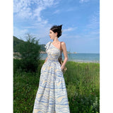 Zingj New Style Hangs Neck Show Shoulder French Dress Seaside Vacation Oil Painting Dress Female Popular This Year
