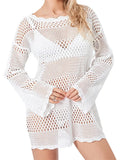 Women Bikini Cover Ups Knitted Crochet Cutout Long Sleeve Mini Dress for Beach Swimsuit Bathing Suit Summer