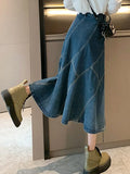 2022 Summer Korean Fashion Blue Denim Midi Long Skirt Women High Waist A Line Jeans Skirt