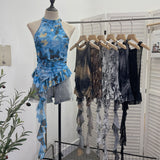 Trend Irregular Hanging Neck Dyeing Net Yarn Vest Lotus Side Ribbon Short Sleeveless Top