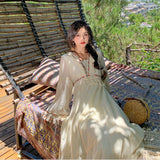 Zingj South French Dress, Ribbon Tassel Holiday Skirt Collar Show Thin Waist Lace Dress Day Silk