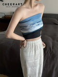 Ocean Print Blue High Fashion Tube Top Women Summer 2022 Corset Crop Top Designer