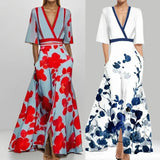 Women's Fashion Elegant Temperament V-Neck Print With Large Skirt Dress Dress