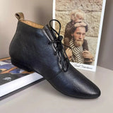 Pointed Little Short Boots Flat Boots Female Spring And Autumn Single Boots British Style Soft Leather Ankle Boots Soft Bottom Lace-Up
