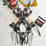 Black Lace Design Sheer Lock Lingerie Set- Outfit