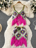 Fashion Tassel Knitted Beach Two Pieces Suits Retro Loose Top+Short Sexy Skirt Sets Women Hollow Out Vintage