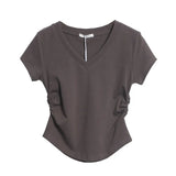 Recommended For The Summer V-Neck Front Shoulder Short-Sleeved T-Shirt For Girls Slimming Hottie Drawstring Irregular Top