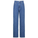 Casual Argyle Woman Jeans Straight High Waist Pants Capris Froll Plaid Fashion Long Denim Trousers