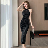 Autumn New French Vintage Red Sleeveless Velvet Midi Dresses Women Elegant Chic Jacquard Beading Sexy Slim Female