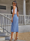 Side Slit Buttoned Denim Midi Skir- Outfit