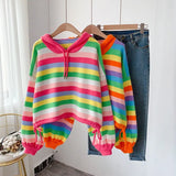 Autumn and Winter Pullover Color Sweater Sweater Women Rainbow Stripes Loose Hooded College Style Short Knit Sweater
