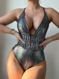 2024 New Drawstring Leakage Back Laser Light Sexy Conjoined Swimsuit Bikini
