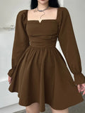 Square Neck Brown Ruched Long Sleeve Women Dresses Korean Fashion Solid Autumn Pleated Dress Party French Retro