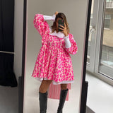 Zingj Spring New Dress Fashion Long Sleeve High Waist Print A-Line Skirt Doll Collar Fluffy Skirt-Outfit