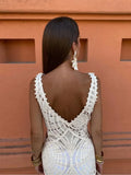 Crochet Hollow Out Knitted Slim Maxi Dress Women Sexy V-neck Backless Sleeveless Robe 2024 Summer Lady Fashion