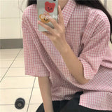 Plaid Shirt for Teenage Girls Summer New Harajuku Oversize Short Sleeve Checked Blouse Pink Button Up Cardigan