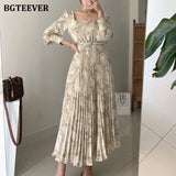 Elegant Square Collar Women Pleated Dress Long Sleeve Slim Belted Sashes Female Printed Dress Vestidos