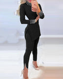 Warm Solid Long Sleeve Slit Knitted Sweater With Skinny Long Pants Suit Women's Elegant 2 Piece Outfits Sets