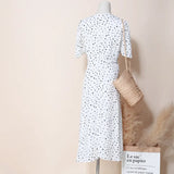 Spring Summer Womens Dress White Polka Dot Chiffon Midi Dress Belt Slim Waist vestido de mujer