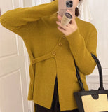 Zingj Version Of Irregular Inclined Buckle Ribbon Knit Cardigan Niche Design Sense Fashion Temperament Sweater Female Daily Commuting