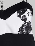 Spaghetti Strap Women Party Dress Formal Gowns Black Retro Floral Patchwork White Jurken Swing Pin Up Pleated Midi