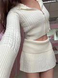 Knitted Cable Knit Zipper Hobbie Top and Mini Skirt Set-Outfit
